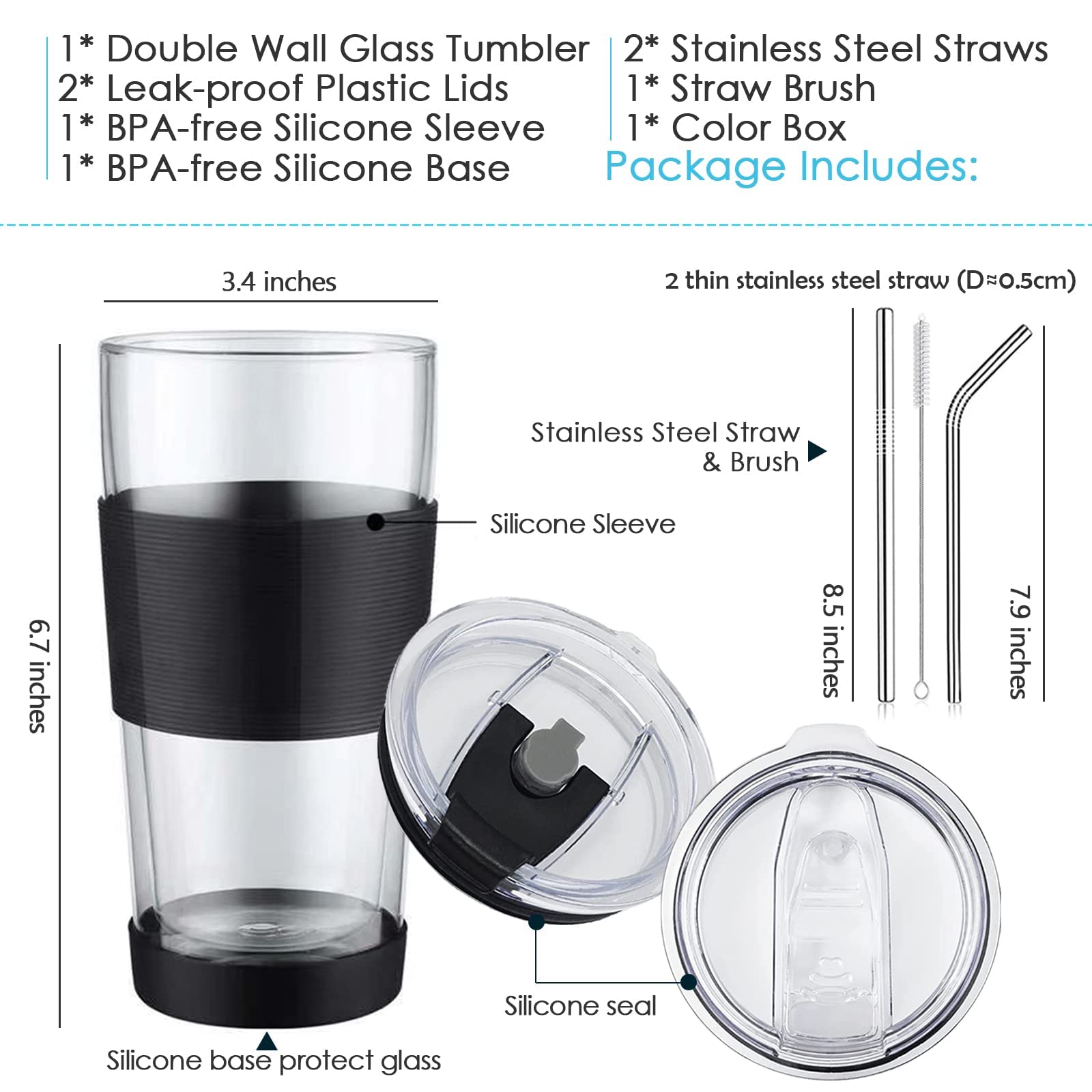 18 oz Double Wall Glass Tumbler with Straw and Leak-proof Plastic Lid, Borosilicate Glass Coffee Travel Mug, To Go Clear Reusable Tea Cup, BPA-free, Microwave Safe (Black)