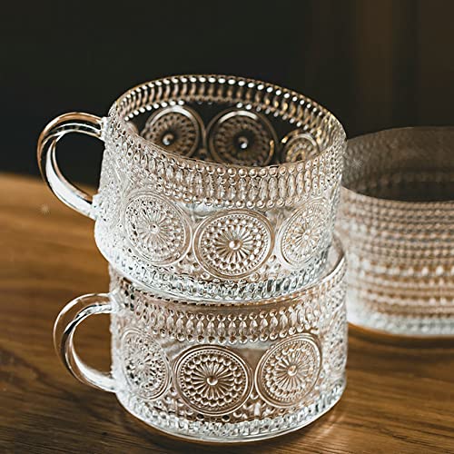 Vintage Glass Coffee Mugs 14 Oz Set of 4 Embossed Glass Cups for Tea, Coffee Mugs for Cappuccino, Latte, Cereal, Yogurt, Hot/Cold Holiday gift and Housewarming, Great Gift