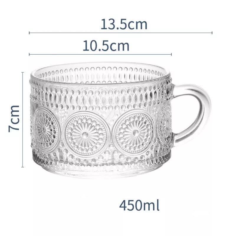 Vintage Glass Coffee Mugs 14 Oz Set of 4 Embossed Glass Cups for Tea, Coffee Mugs for Cappuccino, Latte, Cereal, Yogurt, Hot/Cold Holiday gift and Housewarming, Great Gift