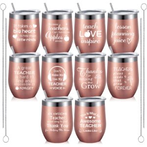 geiserailie 10 pcs teacher appreciation gift teacher wine tumbler in bulk for women thank you wine cup with straws lids and brushes valentines day gift for teacher thank you gift (rose gold, 12oz)