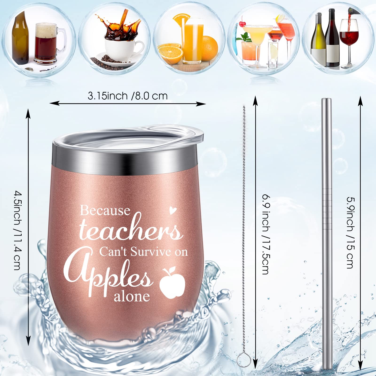 Geiserailie 10 Pcs Teacher Appreciation Gift Teacher Wine Tumbler in Bulk for Women Thank You Wine Cup with Straws Lids and Brushes Valentines Day Gift for Teacher Thank You Gift (Rose Gold, 12oz)