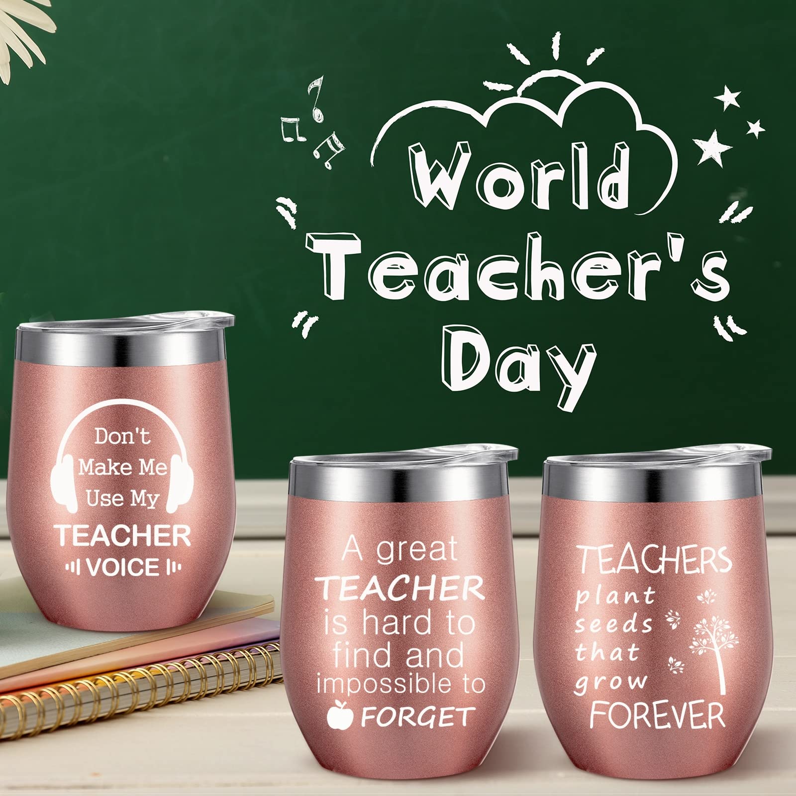 Geiserailie 10 Pcs Teacher Appreciation Gift Teacher Wine Tumbler in Bulk for Women Thank You Wine Cup with Straws Lids and Brushes Valentines Day Gift for Teacher Thank You Gift (Rose Gold, 12oz)