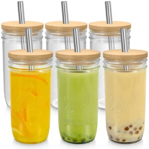 dearwell mason jar cups with lids and straw,bubble tea cups,24 oz eco reusable wide mouth bamboo lids drinking glasses,glass tumbler for juice coffee milkshake jam, juices, honey, cocktail(set of 6)