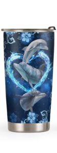 64hydro 20oz dolphin gifts for women, valentines day gifts for her, couple gifts, gifts for wife, mom, daughter, ocean gifts, blue heart sea dolphin tumbler cup, insulated travel coffee mug with lid