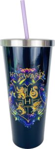 spoontiques harry potter stainless steel cup with straw - stainless steel drinkware tumbler - 24 oz - hogwarts crest