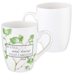 christian art gifts ceramic coffee and tea mug 12 oz inspirational bible verse mug for women and men: be still and know - psalm 46:10 microwave and dishwasher safe white mug with green leaf