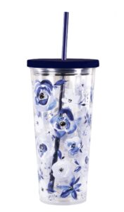 steel mill & co insulated cup with lid and straw, floral 24oz tumbler, double wall travel cup, bpa-free acrylic tumbler, fits in cupholders, blue watercolor