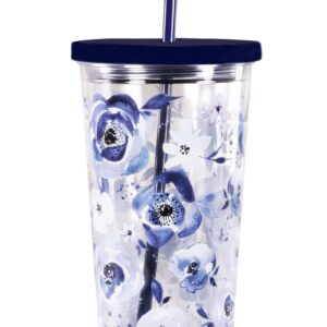 Steel Mill & Co Insulated Cup with Lid and Straw, Floral 24oz Tumbler, Double Wall Travel Cup, BPA-Free Acrylic Tumbler, Fits in Cupholders, Blue Watercolor