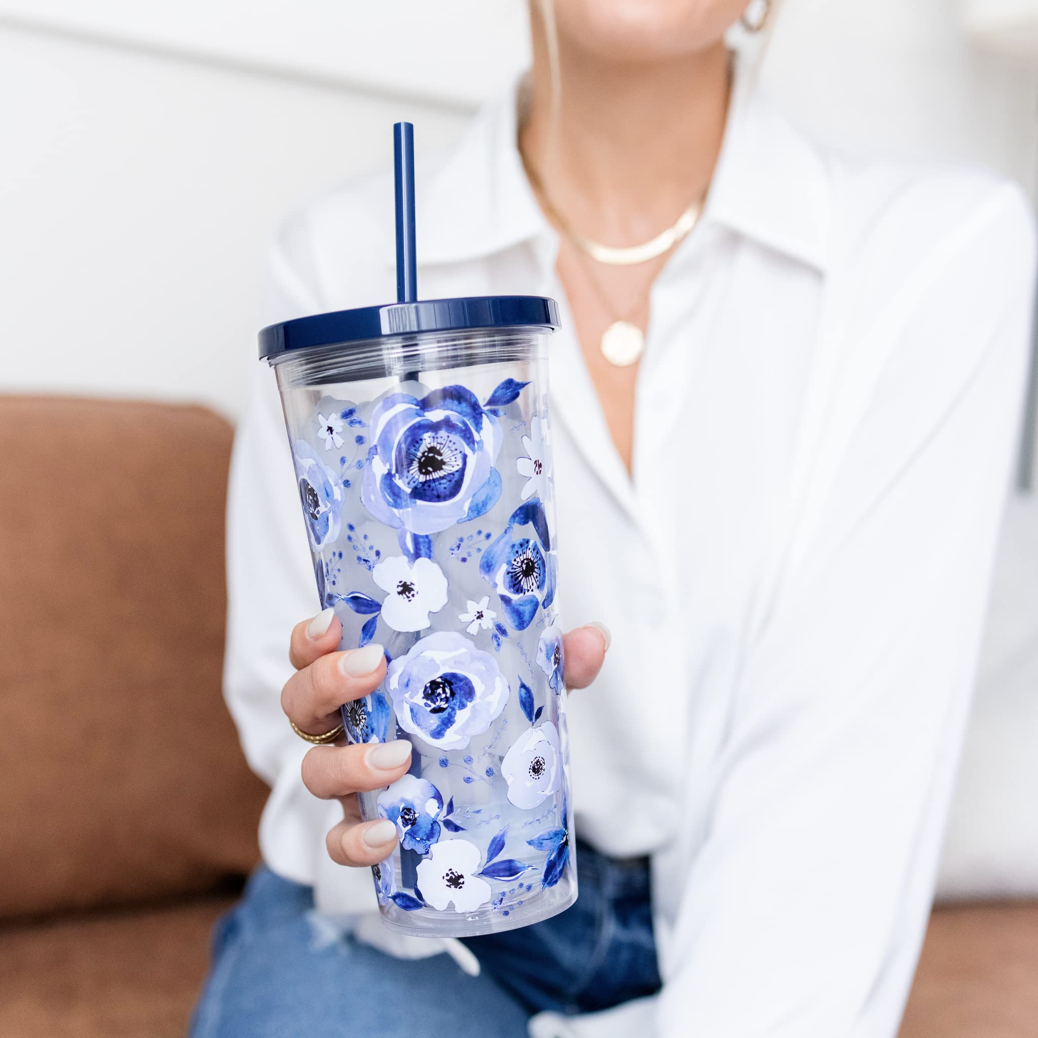 Steel Mill & Co Insulated Cup with Lid and Straw, Floral 24oz Tumbler, Double Wall Travel Cup, BPA-Free Acrylic Tumbler, Fits in Cupholders, Blue Watercolor