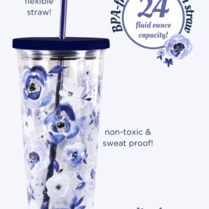 Steel Mill & Co Insulated Cup with Lid and Straw, Floral 24oz Tumbler, Double Wall Travel Cup, BPA-Free Acrylic Tumbler, Fits in Cupholders, Blue Watercolor