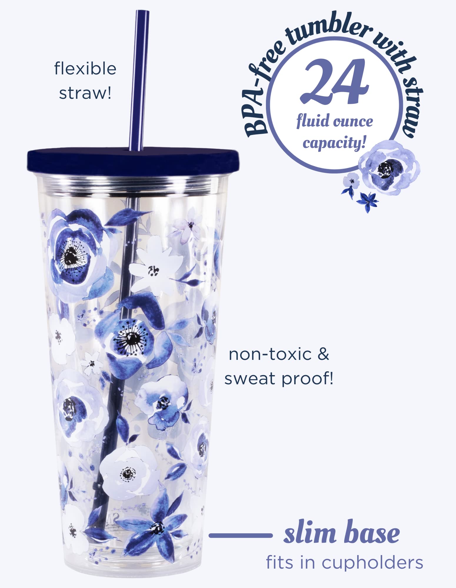 Steel Mill & Co Insulated Cup with Lid and Straw, Floral 24oz Tumbler, Double Wall Travel Cup, BPA-Free Acrylic Tumbler, Fits in Cupholders, Blue Watercolor