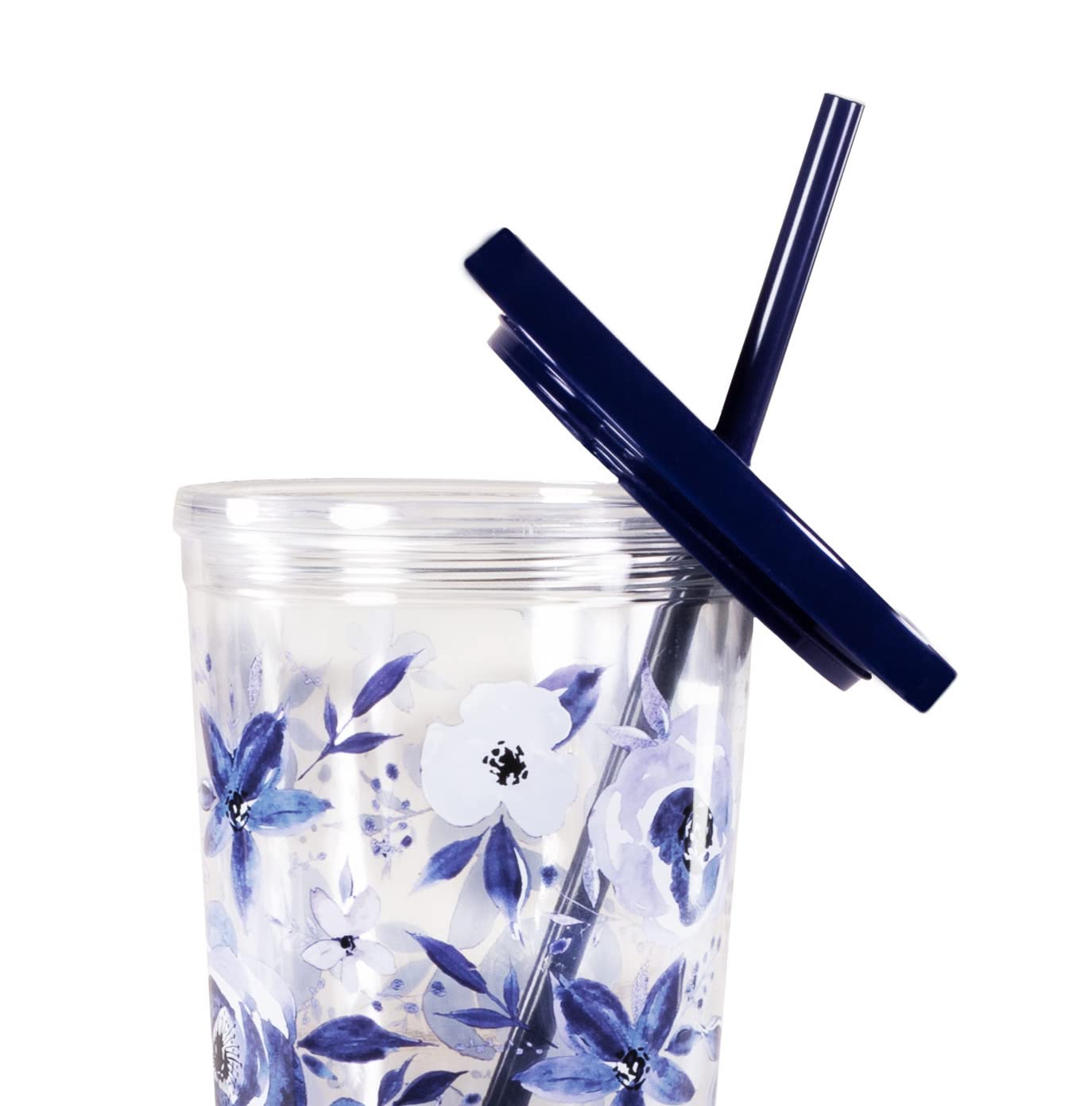 Steel Mill & Co Insulated Cup with Lid and Straw, Floral 24oz Tumbler, Double Wall Travel Cup, BPA-Free Acrylic Tumbler, Fits in Cupholders, Blue Watercolor