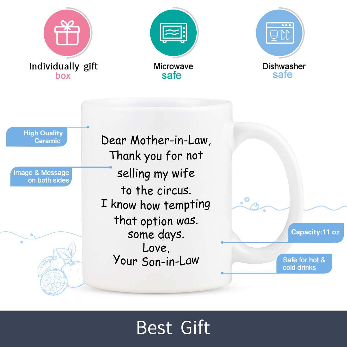 YHRJWN Mother In Law Gifts from Son In Law - Dear Mother In Law Mug - Mother Mothers Day Mom Gifts from Son - Birthday Gifts Coffee Mugs for Mom 11Oz Mom Coffee Mug