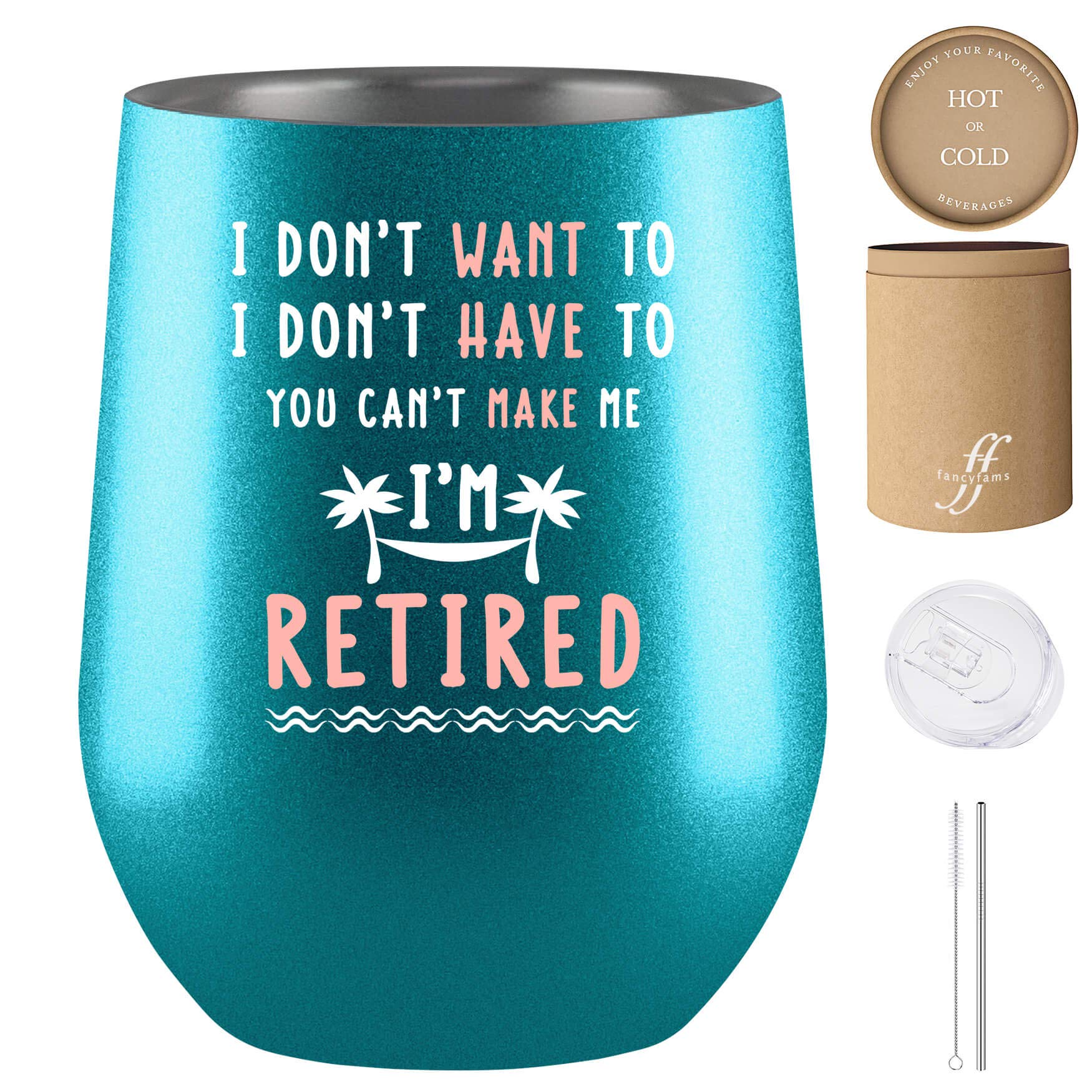 Fancyfams Retirement Gifts for Women 12 oz Stainless Steel Vacuum Insulated Wine Tumbler with Lid and Straw - Retirement Gifts - Happy Retirement - Gift Ideas - Adventure Begins (Rose Gold)