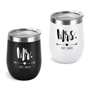 gingprous est 2023 mr and mrs wine tumbler, 2023 engagement wedding couple gift for newlyweds couples bride to be wife his and her,12 oz mr mrs gifts stainless steel wine tumblers with lid, set of 2