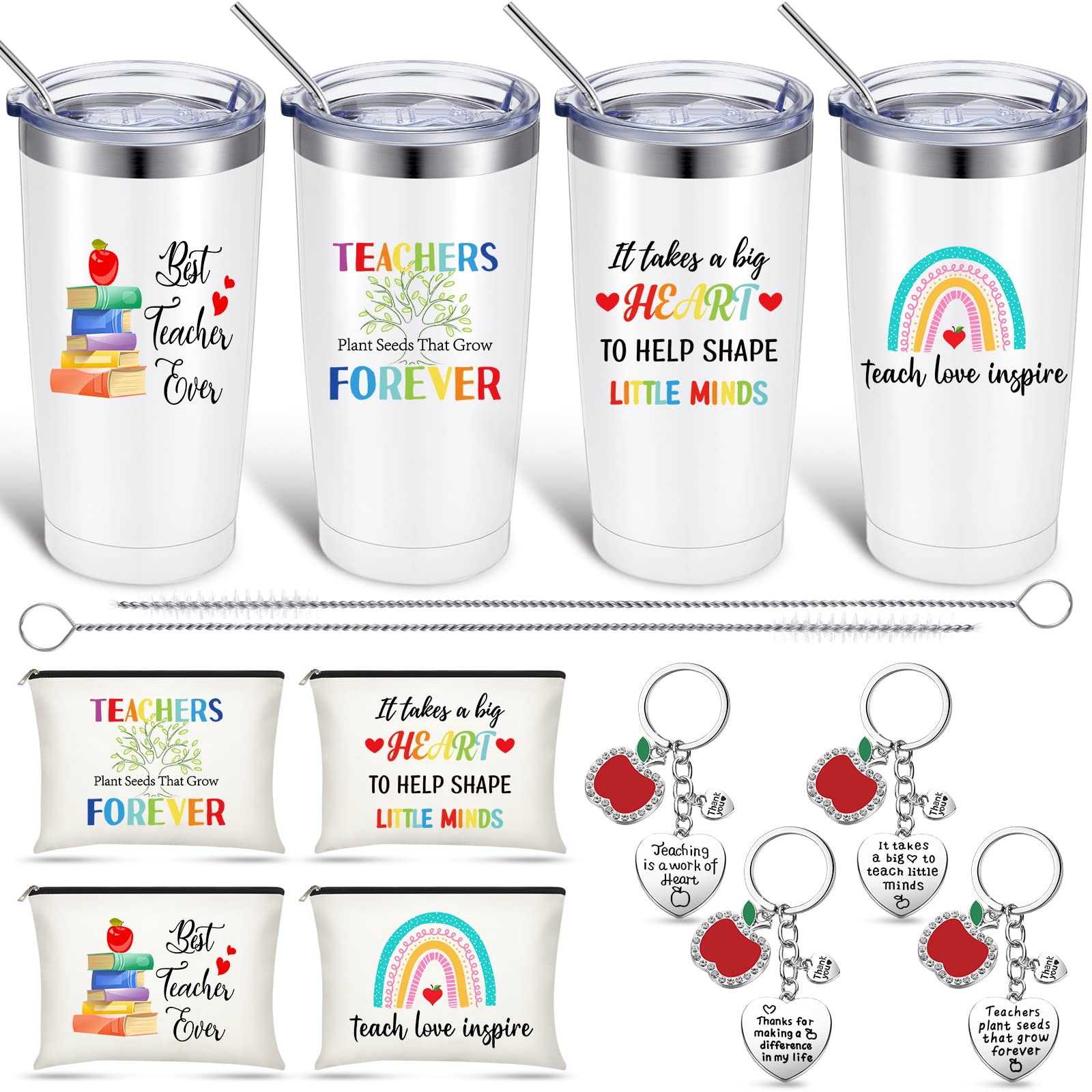 Sabary 12 Pieces Funny Thank You Gifts, 4 Teacher Travel Tumbler, 4 Teacher Makeup Bag with Zippers, 4 Teacher Apple Keychains, 20 oz Mug Tumbler for Birthday Teacher Appreciation Week