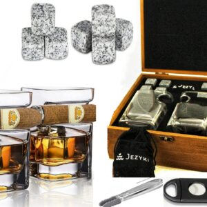 Whiskey gift set for men cigar glasses gift set of 2 Old Fashioned Square Glasses with intended cigar rest, Granite Chilling Rocks, Tongs, Velvet Pouch and cigar Cutter. gift set for men, dad, husband