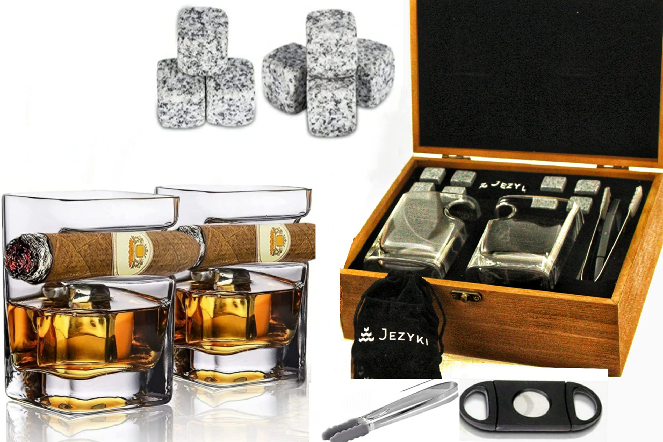 Whiskey gift set for men cigar glasses gift set of 2 Old Fashioned Square Glasses with intended cigar rest, Granite Chilling Rocks, Tongs, Velvet Pouch and cigar Cutter. gift set for men, dad, husband