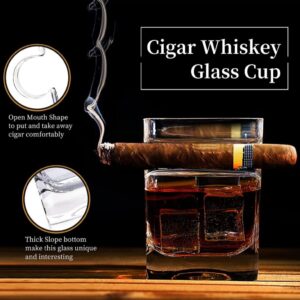 Whiskey gift set for men cigar glasses gift set of 2 Old Fashioned Square Glasses with intended cigar rest, Granite Chilling Rocks, Tongs, Velvet Pouch and cigar Cutter. gift set for men, dad, husband