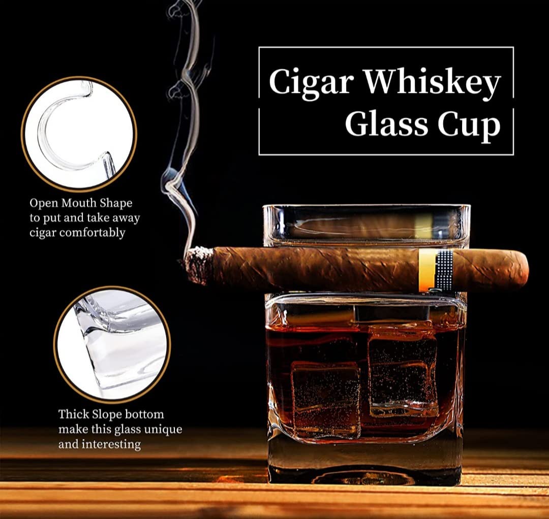 Whiskey gift set for men cigar glasses gift set of 2 Old Fashioned Square Glasses with intended cigar rest, Granite Chilling Rocks, Tongs, Velvet Pouch and cigar Cutter. gift set for men, dad, husband