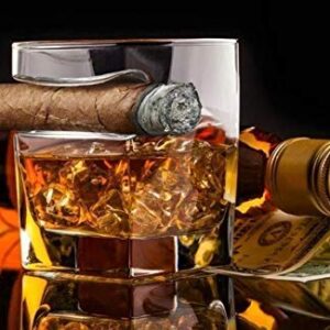 Whiskey gift set for men cigar glasses gift set of 2 Old Fashioned Square Glasses with intended cigar rest, Granite Chilling Rocks, Tongs, Velvet Pouch and cigar Cutter. gift set for men, dad, husband