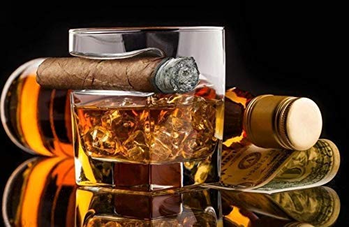 Whiskey gift set for men cigar glasses gift set of 2 Old Fashioned Square Glasses with intended cigar rest, Granite Chilling Rocks, Tongs, Velvet Pouch and cigar Cutter. gift set for men, dad, husband