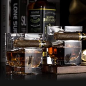 Whiskey gift set for men cigar glasses gift set of 2 Old Fashioned Square Glasses with intended cigar rest, Granite Chilling Rocks, Tongs, Velvet Pouch and cigar Cutter. gift set for men, dad, husband