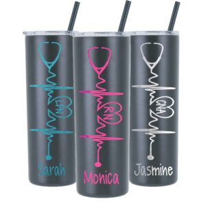 heartbeat nurse's personalized 20 oz stainless steel skinny tumbler with custom stethoscope vinyl decal by avito - includes straw and lid - nurse rn,cna - nurse gift