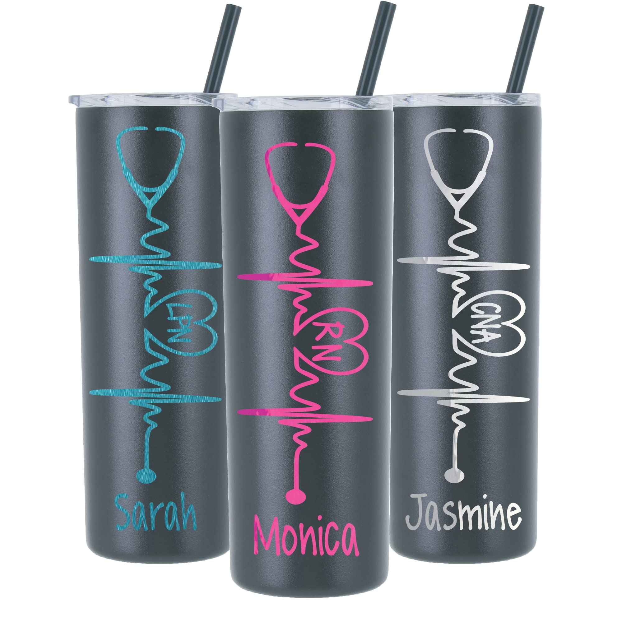 Heartbeat Nurse's Personalized 20 oz Stainless Steel Skinny Tumbler with Custom Stethoscope Vinyl Decal by Avito - Includes Straw and Lid - Nurse RN,CNA - Nurse Gift