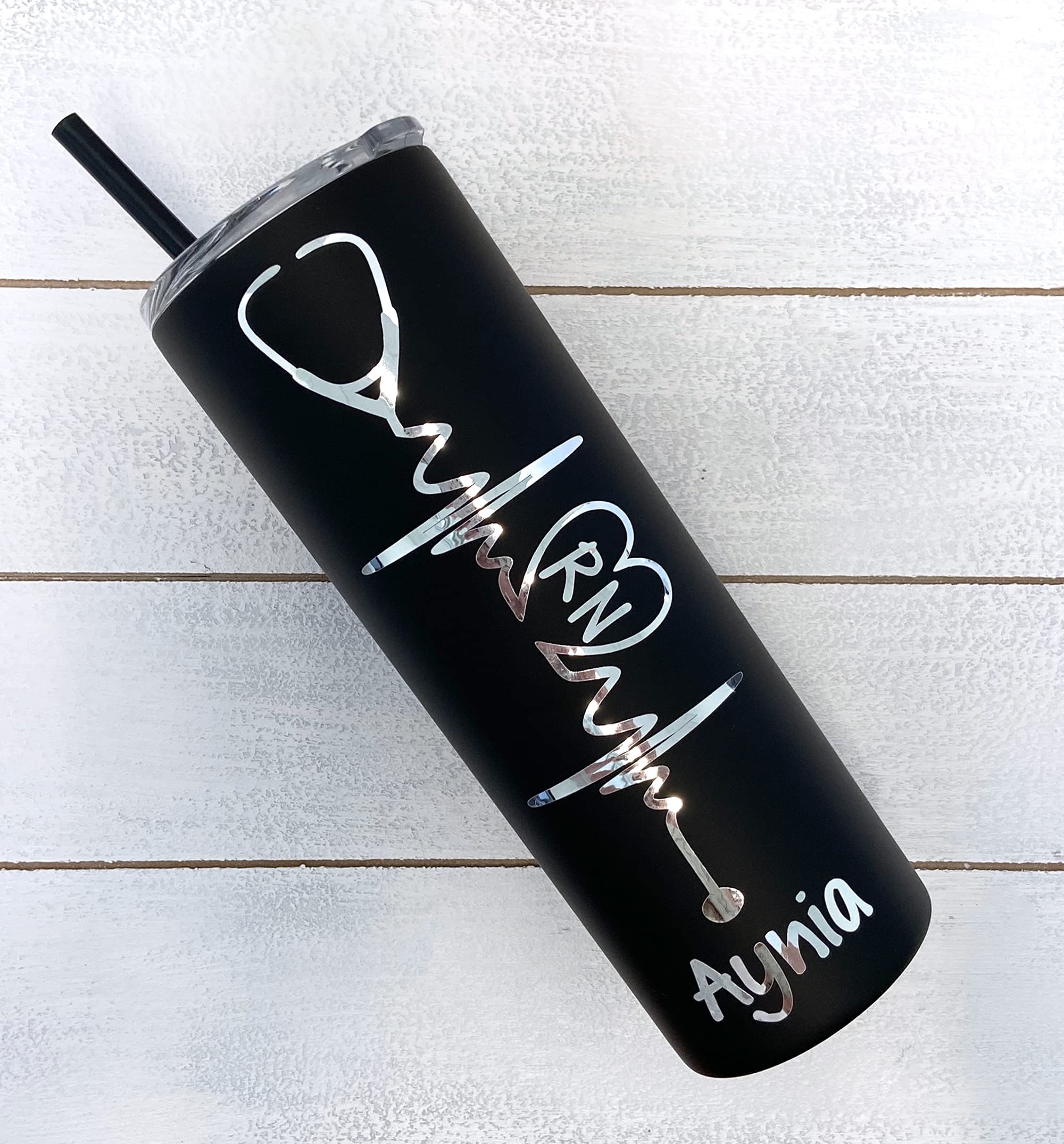 Heartbeat Nurse's Personalized 20 oz Stainless Steel Skinny Tumbler with Custom Stethoscope Vinyl Decal by Avito - Includes Straw and Lid - Nurse RN,CNA - Nurse Gift