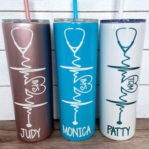 Heartbeat Nurse's Personalized 20 oz Stainless Steel Skinny Tumbler with Custom Stethoscope Vinyl Decal by Avito - Includes Straw and Lid - Nurse RN,CNA - Nurse Gift