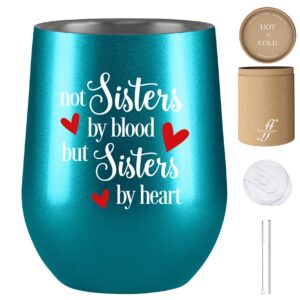 not sisters by blood but sisters by heart, unbiological sister gifts, soul sister gifts, fancyfams 12 oz stainless steel wine tumbler, sister in law gifts (turquoise)