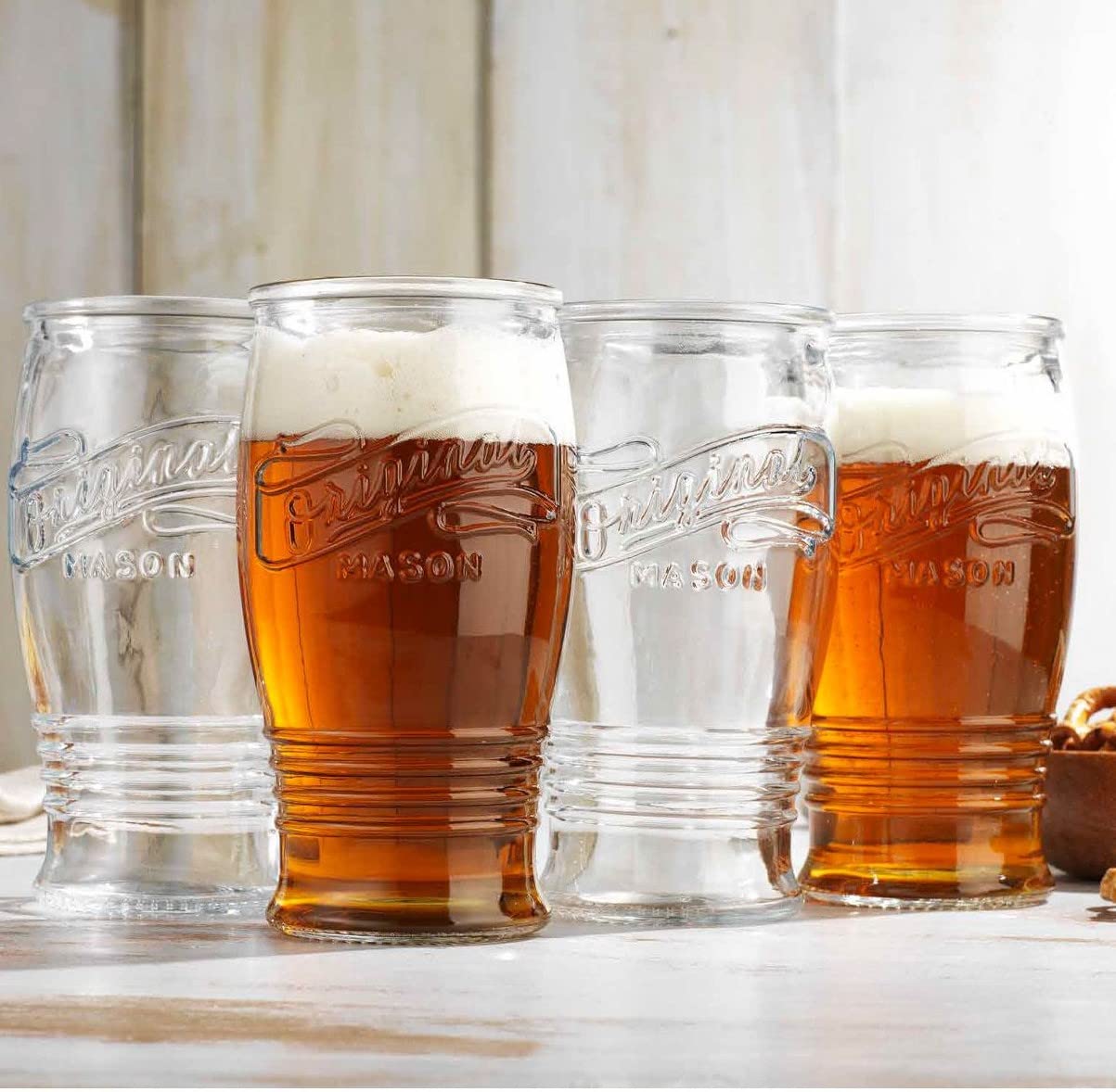 Glaver's Pilsner Glasses 16 Oz. Beer Glasses, Set Of 4 Tall Original Mason Glasses, Wheat Beer Pint Glasses, Drinking Cups For Juice, Smoothies, Beverages, Cocktail Drinkware, Dishware Safe.