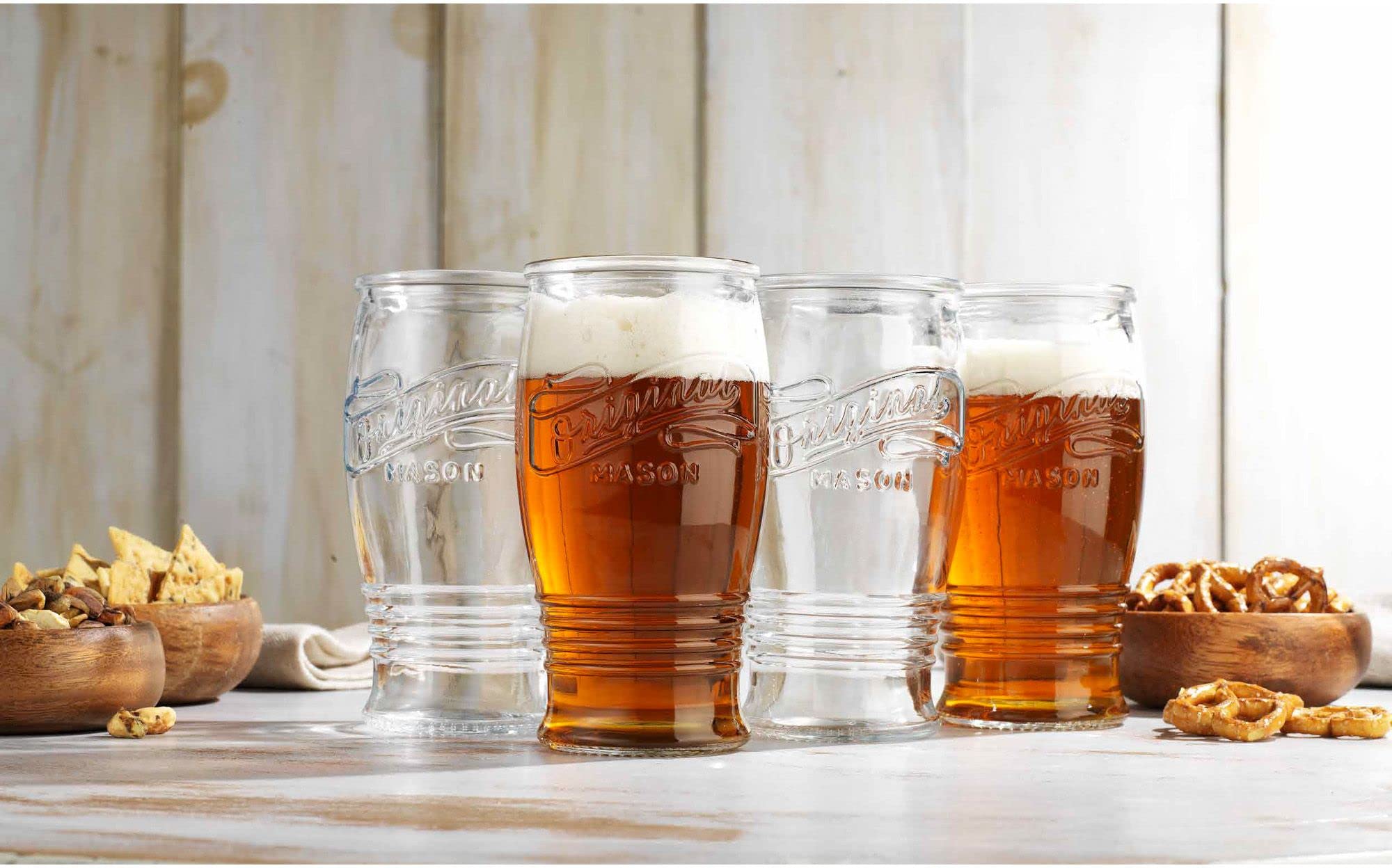 Glaver's Pilsner Glasses 16 Oz. Beer Glasses, Set Of 4 Tall Original Mason Glasses, Wheat Beer Pint Glasses, Drinking Cups For Juice, Smoothies, Beverages, Cocktail Drinkware, Dishware Safe.