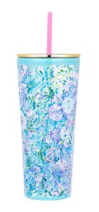 lilly pulitzer double wall tumbler with lid and reusable straw, insulated travel cup holds 24 ounces, soleil it on me
