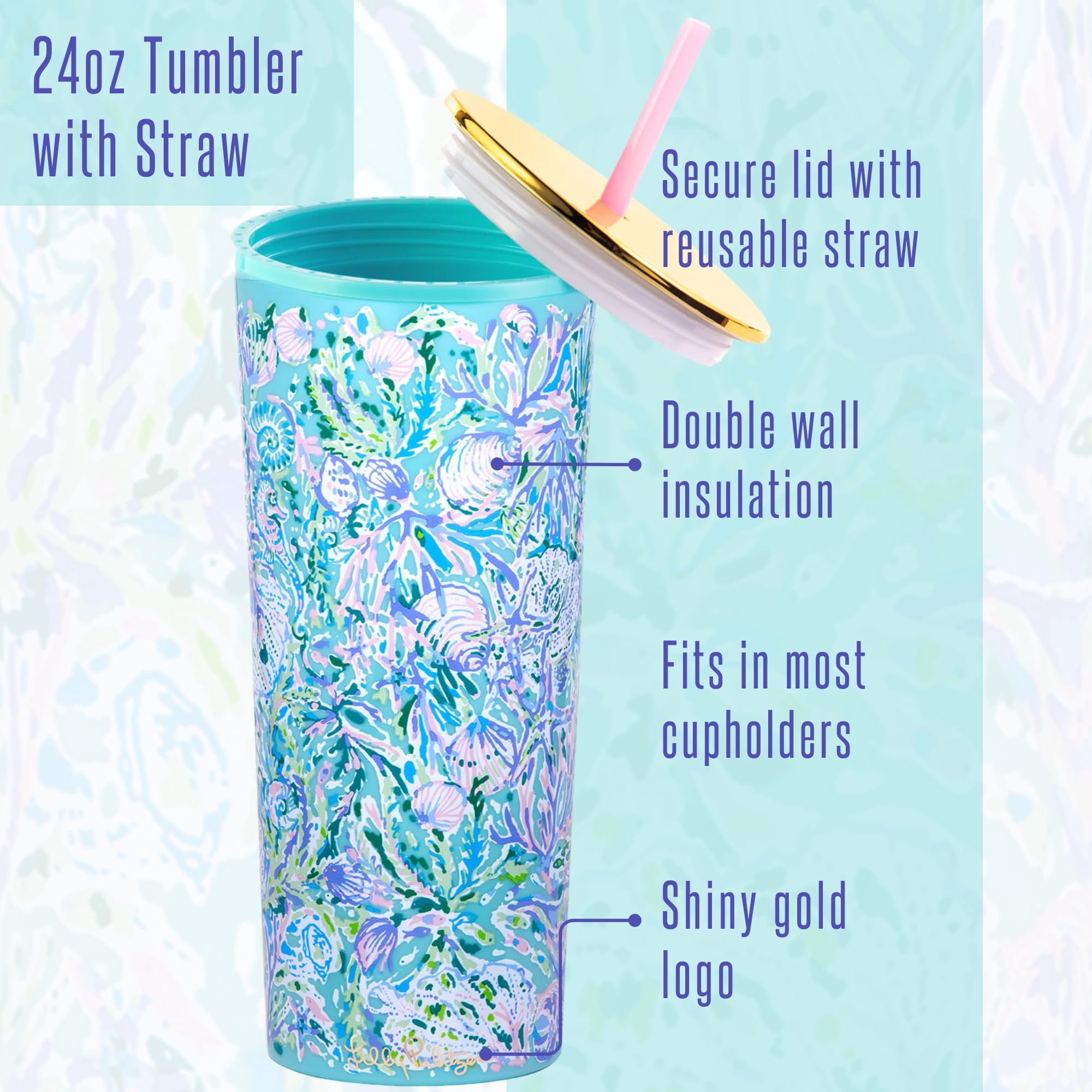 Lilly Pulitzer Double Wall Tumbler with Lid and Reusable Straw, Insulated Travel Cup Holds 24 Ounces, Soleil It On Me