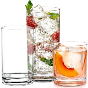acrylic drinking glasses [set of 18] glassware set includes 6-17oz highball glasses, 6-13oz rocks glasses, 6-7 oz juice glasses| heavy base glass cups for water, juice, beer, wine, and cocktails…
