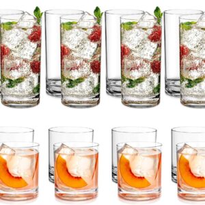 Acrylic Drinking Glasses [Set of 18] Glassware Set Includes 6-17oz Highball Glasses, 6-13oz Rocks Glasses, 6-7 oz Juice Glasses| Heavy Base Glass Cups for Water, Juice, Beer, Wine, and Cocktails…