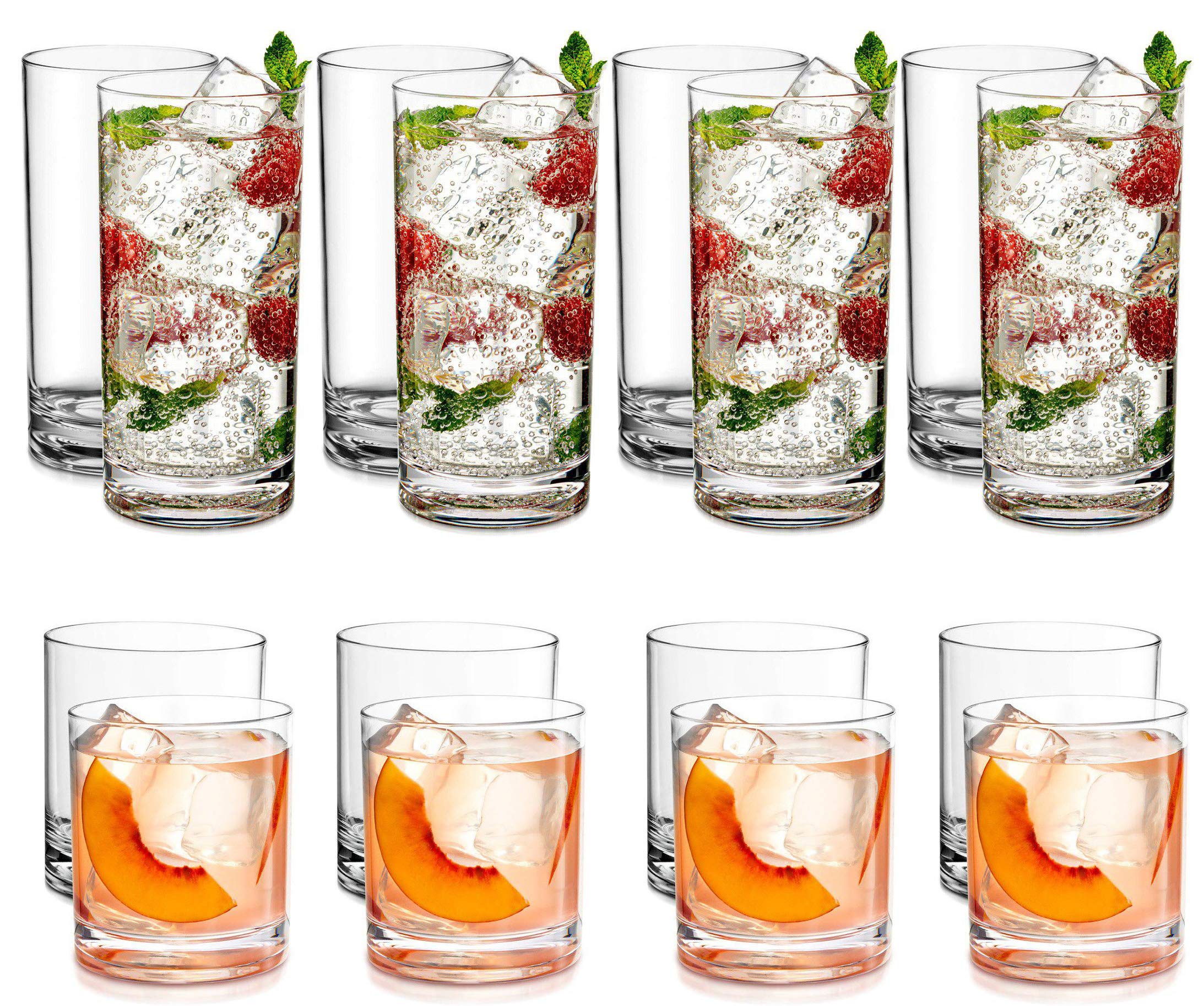 Acrylic Drinking Glasses [Set of 18] Glassware Set Includes 6-17oz Highball Glasses, 6-13oz Rocks Glasses, 6-7 oz Juice Glasses| Heavy Base Glass Cups for Water, Juice, Beer, Wine, and Cocktails…