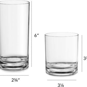 Acrylic Drinking Glasses [Set of 18] Glassware Set Includes 6-17oz Highball Glasses, 6-13oz Rocks Glasses, 6-7 oz Juice Glasses| Heavy Base Glass Cups for Water, Juice, Beer, Wine, and Cocktails…