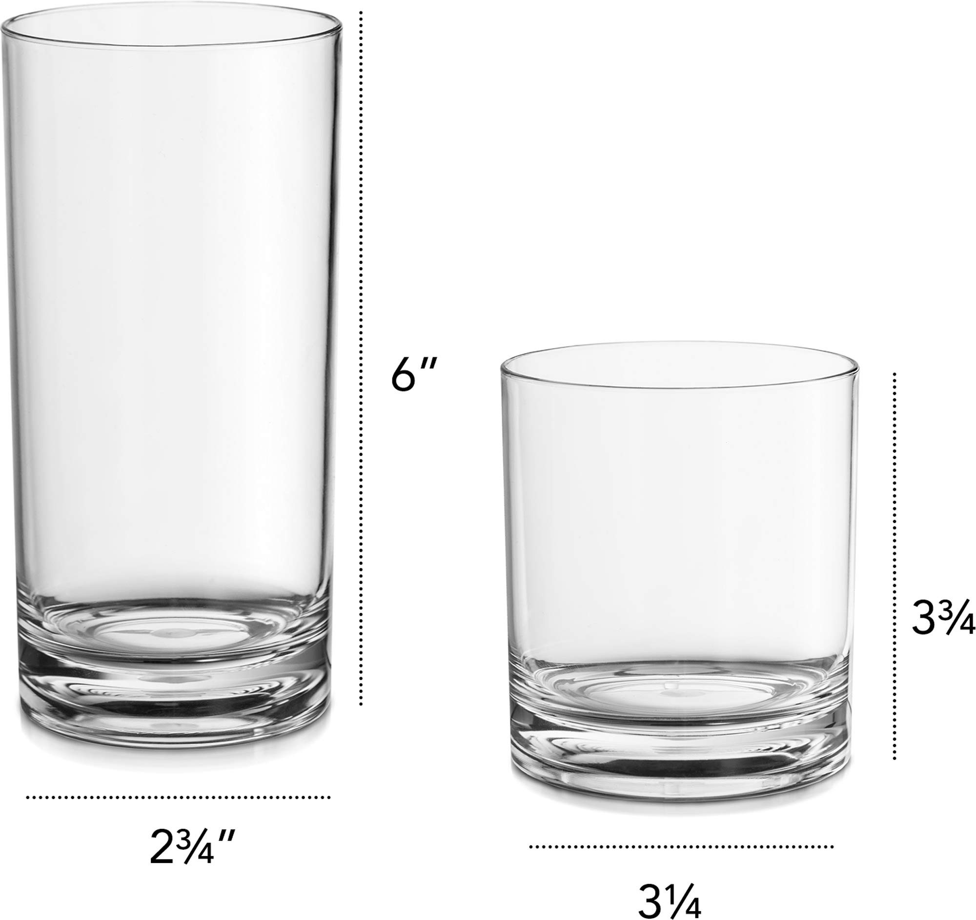 Acrylic Drinking Glasses [Set of 18] Glassware Set Includes 6-17oz Highball Glasses, 6-13oz Rocks Glasses, 6-7 oz Juice Glasses| Heavy Base Glass Cups for Water, Juice, Beer, Wine, and Cocktails…