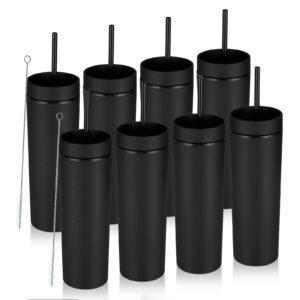 modwnfy black skinny tumbler with lids & straw(8 pack), 16 oz black tumblers in bulk, mate black tumblers, acrylic matte tumbler, reusable cups with lids & straw, plastic tumbler cups for diy gift