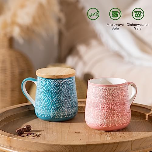 Taimei Teatime Coffee Mug with Lid Set of 2, 16.5 oz Ceramic Coffee Mugs with Handpainted Floral Pattern, Mugs Gift Set for Tea Lover, Woman and Couple, Microwave and Dishwasher Safe