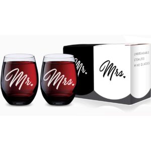 gsm brands mr and mrs stemless wine glasses for bride and groom wedding celebration (set of 2), made of unbreakable tritan plastic and dishwasher safe - 16 ounces