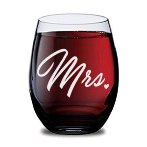 GSM Brands Mr and Mrs Stemless Wine Glasses for Bride and Groom Wedding Celebration (Set of 2), Made of Unbreakable Tritan Plastic and Dishwasher Safe - 16 Ounces