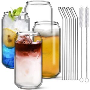venoteck 16oz glass cups set of 4,beer can glass cup with straw,iced coffee cup,heat and cold resistant drinking glasses