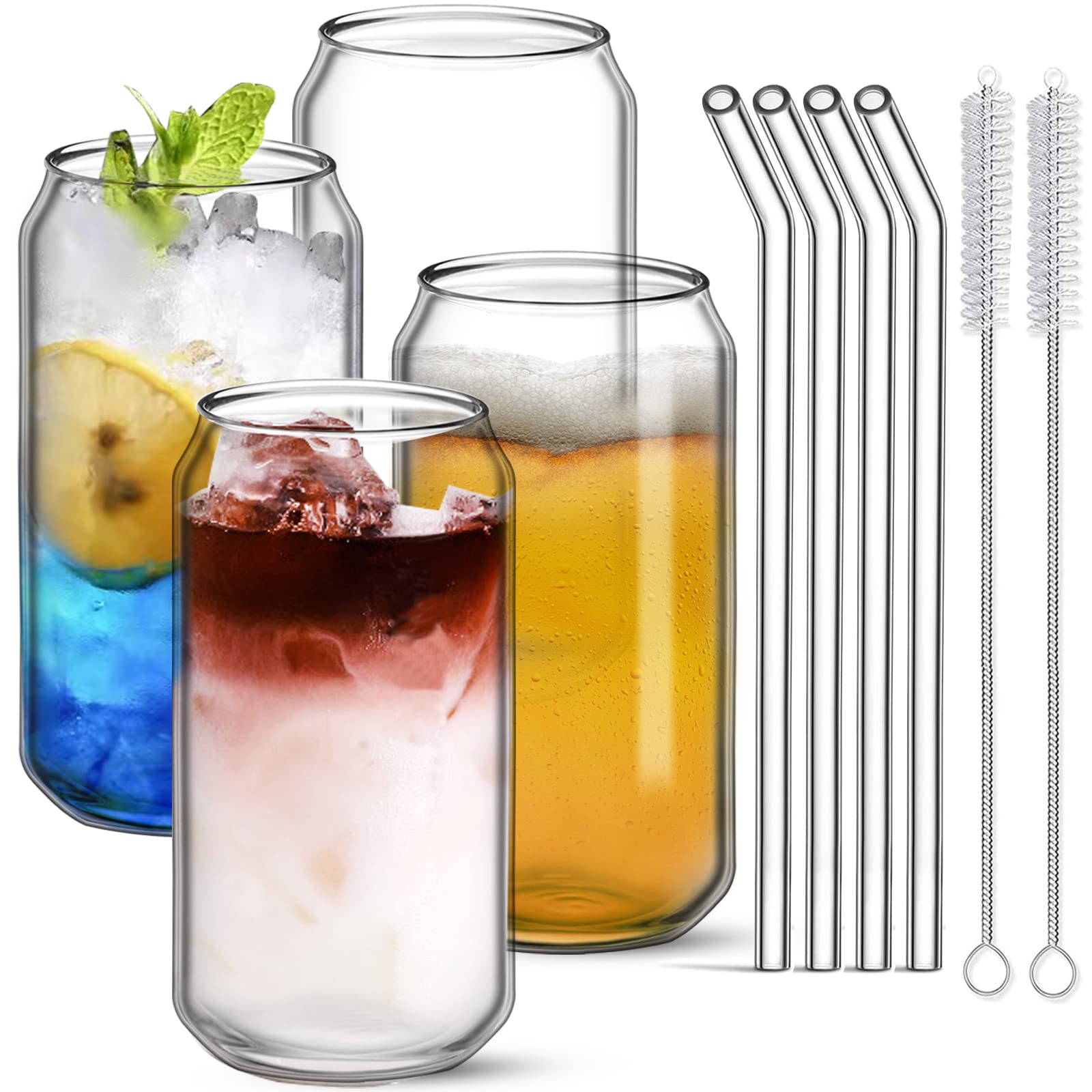 Venoteck 16oz Glass Cups Set of 4,Beer Can Glass Cup with Straw,Iced Coffee Cup,Heat and Cold Resistant Drinking Glasses