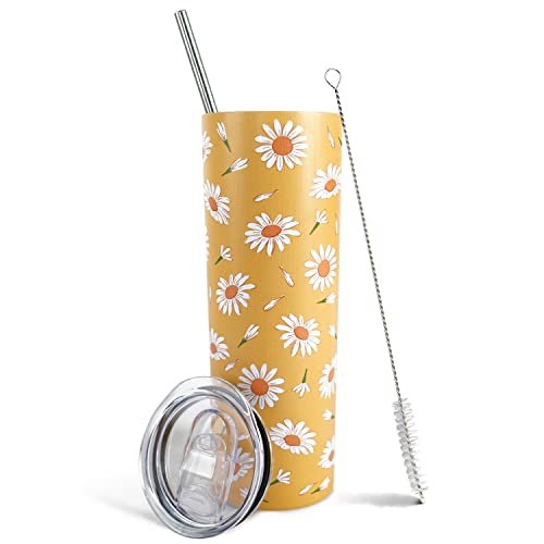 Floral Tumbler, Daisy Gifts for Women, Daisy Coffee Travel Mug, Cute Skinny Tumbler with Lid and Straw, Daisy Flowers Items, Unique Birthday Gifts for Women, Friends Female - 20Oz Daisy Water Bottle