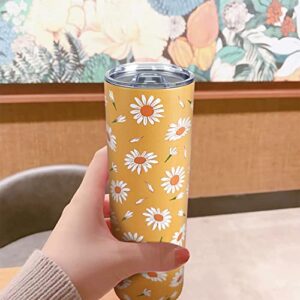 Floral Tumbler, Daisy Gifts for Women, Daisy Coffee Travel Mug, Cute Skinny Tumbler with Lid and Straw, Daisy Flowers Items, Unique Birthday Gifts for Women, Friends Female - 20Oz Daisy Water Bottle