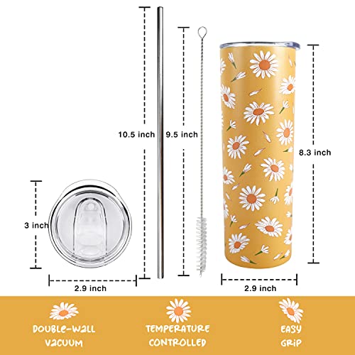 Floral Tumbler, Daisy Gifts for Women, Daisy Coffee Travel Mug, Cute Skinny Tumbler with Lid and Straw, Daisy Flowers Items, Unique Birthday Gifts for Women, Friends Female - 20Oz Daisy Water Bottle